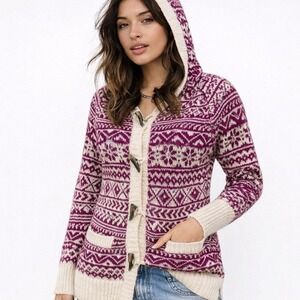 Fair Isle Toggle Hooded Cardigan Sweater Purple Size S